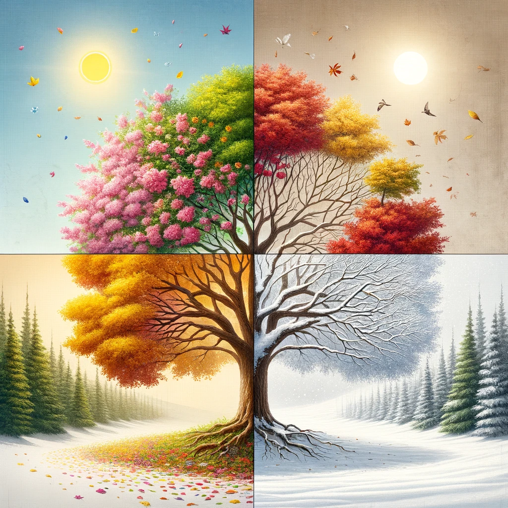 DALL·E 2024-03-12 20.12.32 - Create a single image composed of four equal squares, each depicting the same tree in a different season, arranged together to form a cohesive square .webp